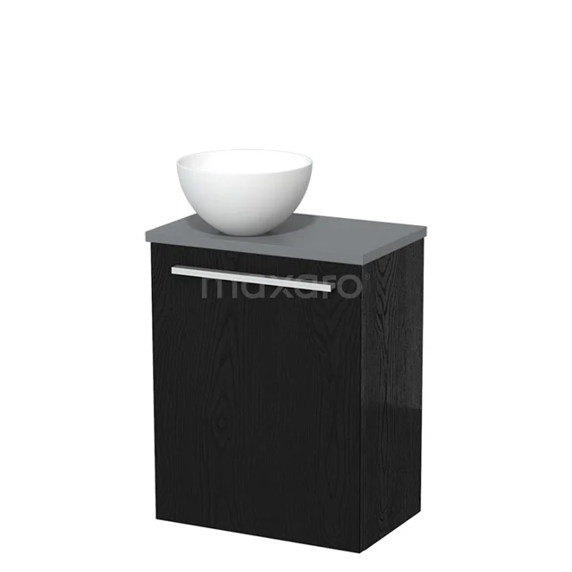 Zwarte badkamerkast met wastafelkom, glanzende afwerking en metalen handgreep; compact design voor moderne badkamers.