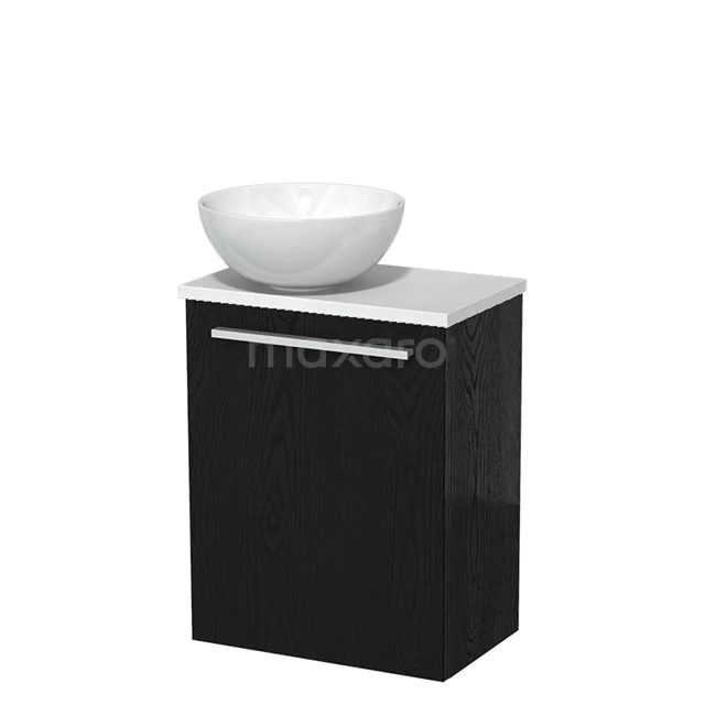 Zwarte badkamerkast met witte waskom, modern design, hoogglans afwerking, ideaal voor stijlvolle badkamers.