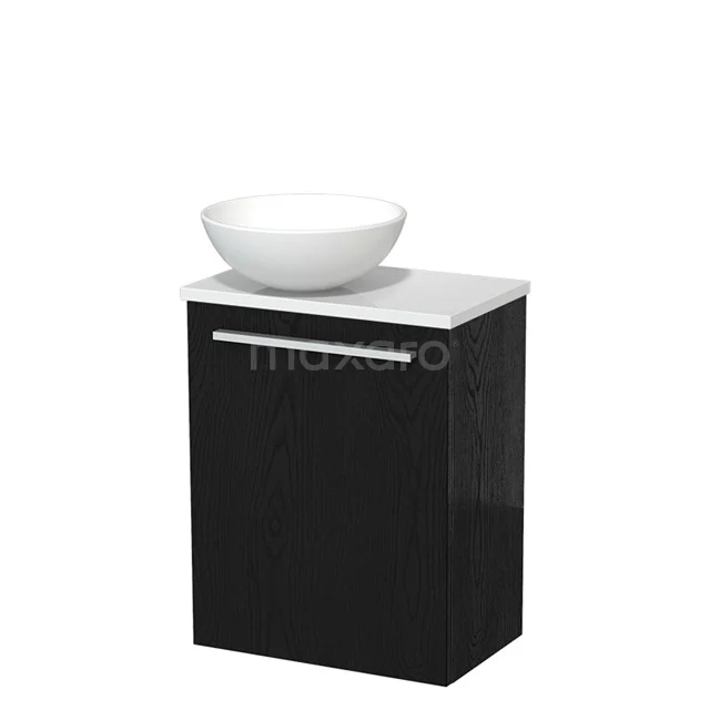 Zwart badkamermeubel met wastafelkom, hoogglans afwerking en chromen handgreep, perfect voor moderne badkamers.