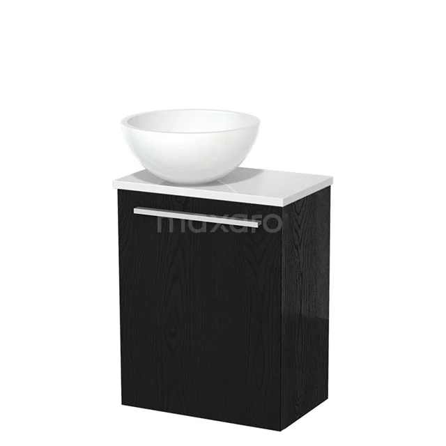 Zwart badkamermeubel met witte keramische waskom, strakke vormgeving en hoogglans afwerking, perfect voor een moderne badkamer.