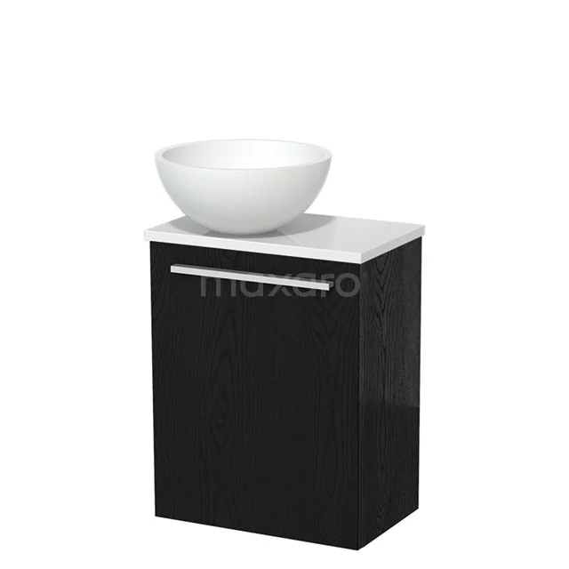 WC-Möbel mit Aufsatzwaschbecken | 41 cm Schwarze Eiche Glatte Front Matt Weiß Aufsatzwaschbecken Hochglanz Weiß Platte TMK10-13104 Schwarzer Badschrank mit weißer Waschbecken, modernes Design und Hochglanz-Oberfläche, ideal für ein stilvolles Badezimmer.