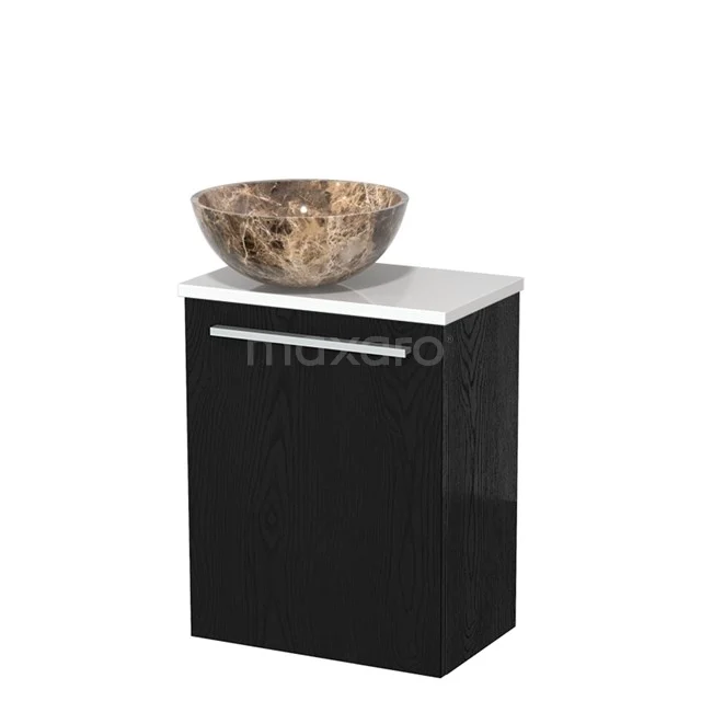 Zwart badkamermeubel met marmeren opzetwaskom, wit blad en moderne RVS handgreep voor een stijlvolle badkamerinrichting.