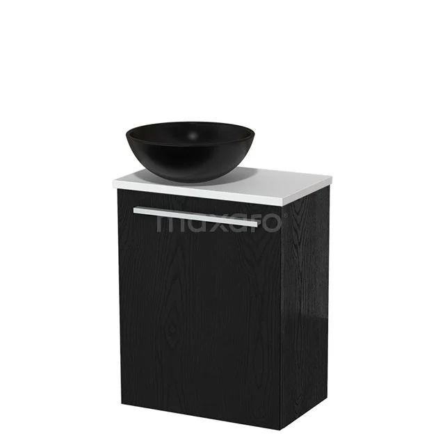 Zwart wastafelmeubel met zwarte waskom, modern design, witte bovenblad, ideaal voor een stijlvolle badkamer.