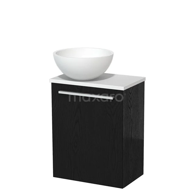 Zwart badkamermeubel met witte wastafel, modern design, enkel deur, compact formaat, perfect voor een stijlvolle badkamer.