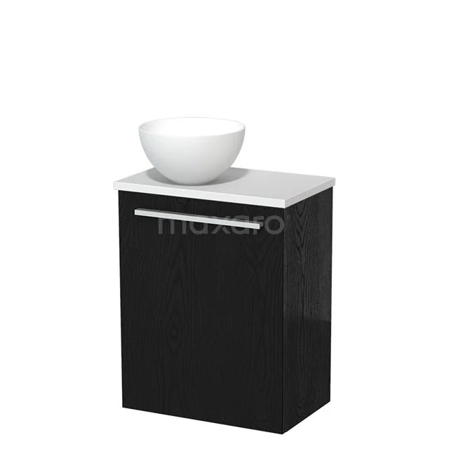 Zwarte badkamerkast met wit wastafelblad en opbouwkom, strak design, ideaal voor moderne badkamerinrichting.