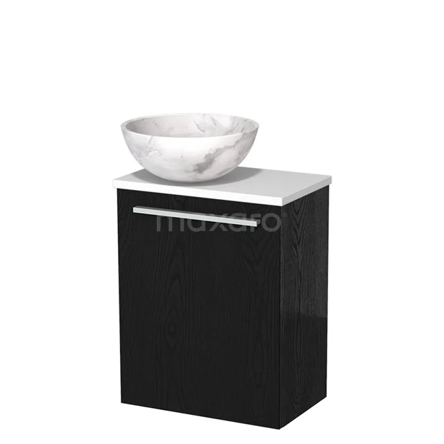 Zwart badkamermeubel met wit marmeren waskom, strak ontwerp, ideaal voor moderne badkamers.