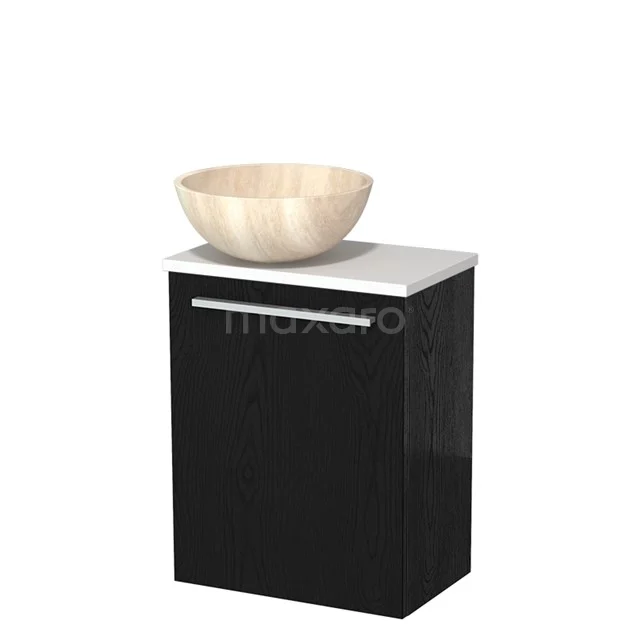 Zwarte badkamerkast met witte wastafel en houten kom, strak design en ideaal voor moderne badkameropstellingen.