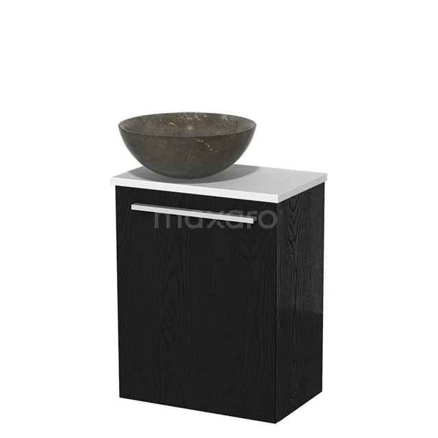 Zwart badkamerkastje met witte wastafel en natuurstenen waskom, modern design.