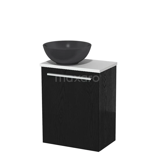 Zwarte badkamermeubelset met glanzende kast, witte wastafelblad en ronde zwarte waskom van keramiek, modern design.