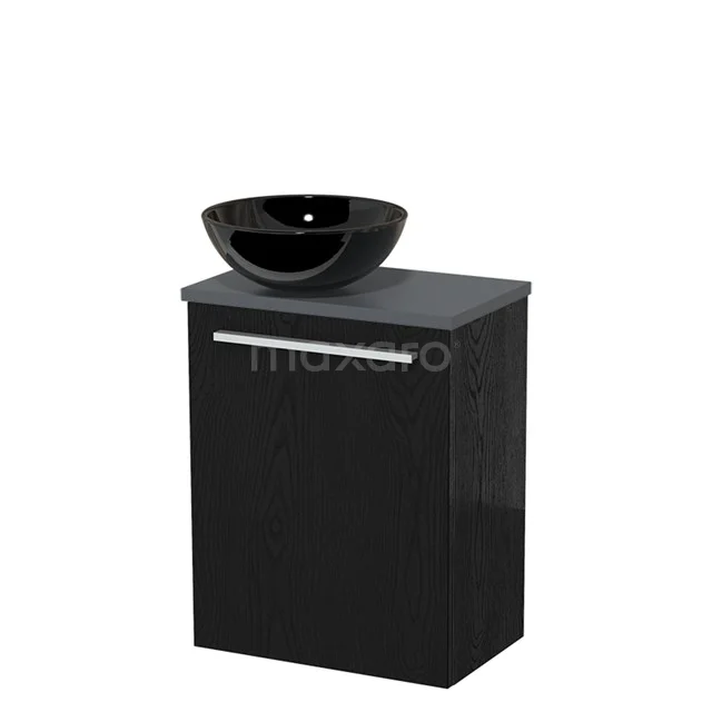 Zwarte wastafelonderkast met glazen waskom, modern design, perfect voor een stijlvolle en compacte badkamerinrichting.