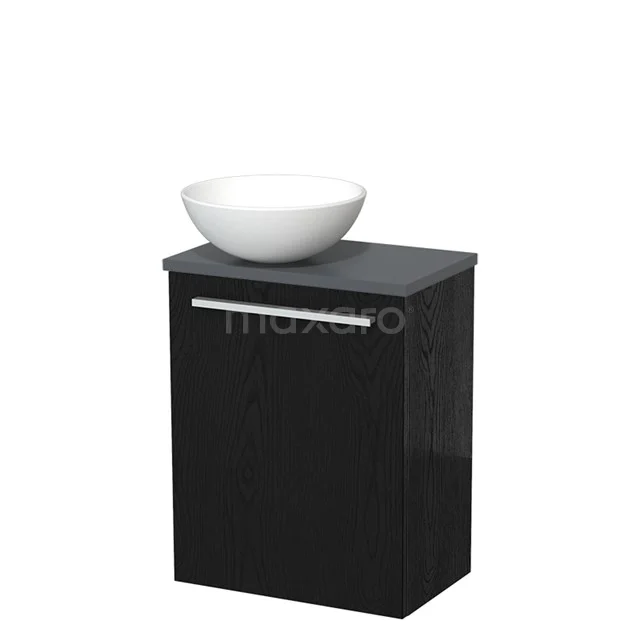Zwarte badkamermeubelset met wastafelkom, modern design, glanzend afgewerkt hout en strak metalen handvat.