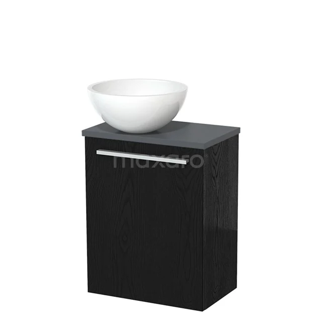Zwarte badkamerkast met wastafelkom van keramiek, modern design, geschikt voor kleine ruimtes.