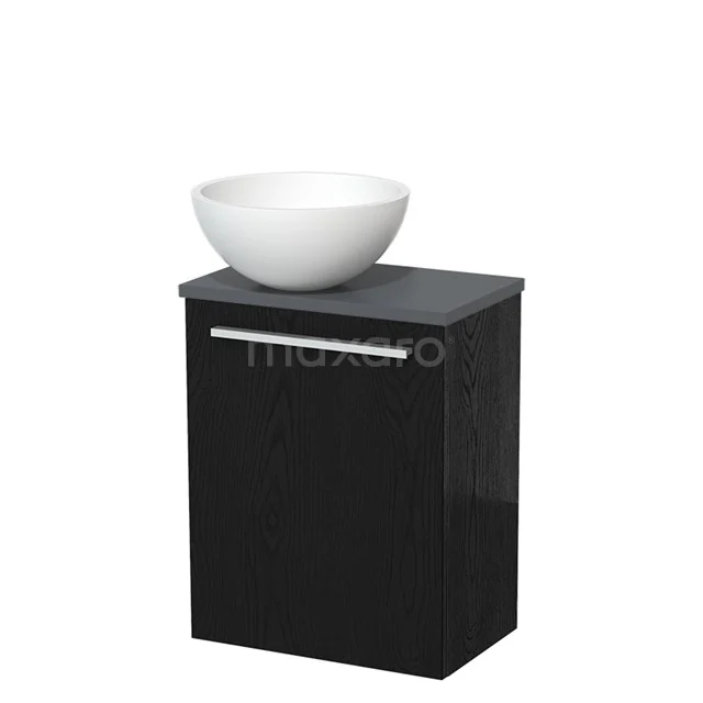 Zwarte badkamermeubelset met keramische wastafelkom en minimalistisch design, ideaal voor moderne badkamerinrichting.