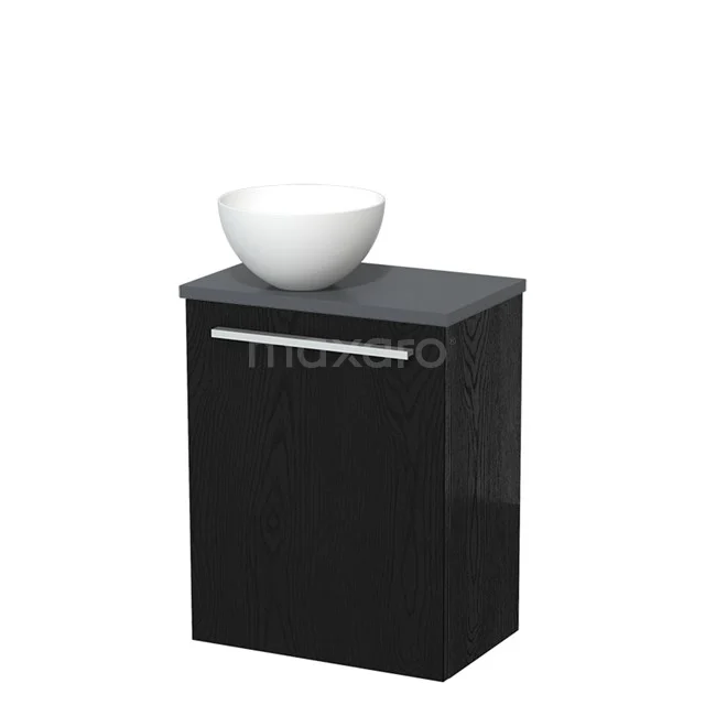 Zwart badkamerkastje met witte waskom, modern design, perfect voor compacte badkamers met beperkte ruimte.