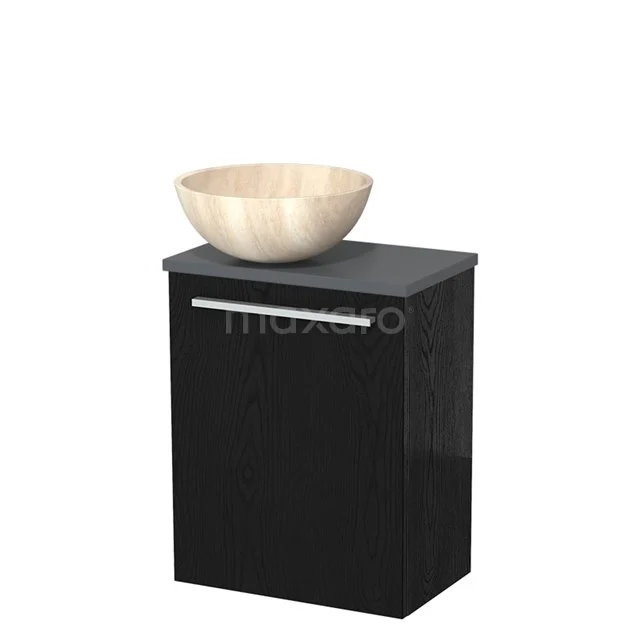 Zwarte badkamermeubel met houten waskom, modern design, geschikt voor stijlvolle en compacte badkamerinrichting.