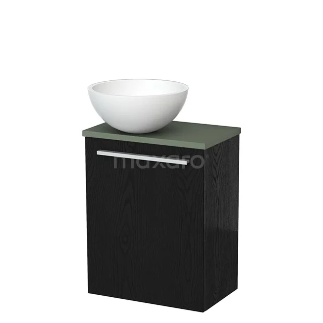 Zwarte badkamerkast met groen blad en ronde witte kom, modern design, ideaal als compacte opberger voor een stijlvolle badkamer.