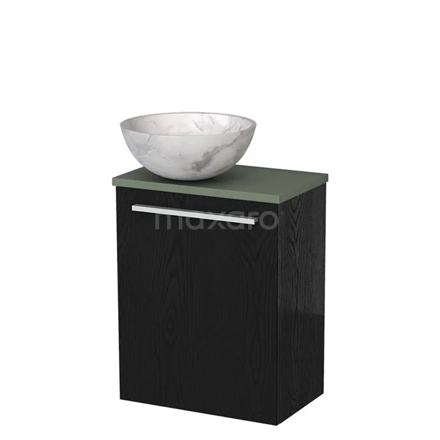 Zwart badkamermeubel met groen blad en witte marmeren waskom, modern design voor een stijlvolle badkamer.