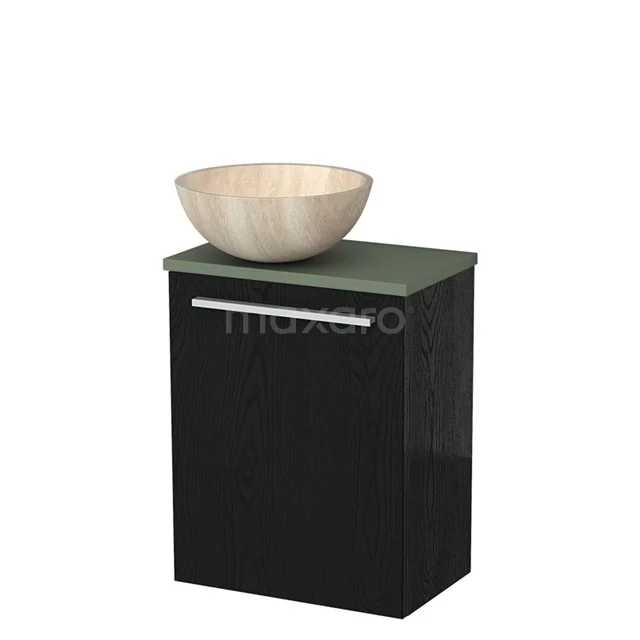 Zwart badkamermeubel met groene bovenplaat en een ronde houten waskom, stijlvol design voor moderne badkamers.