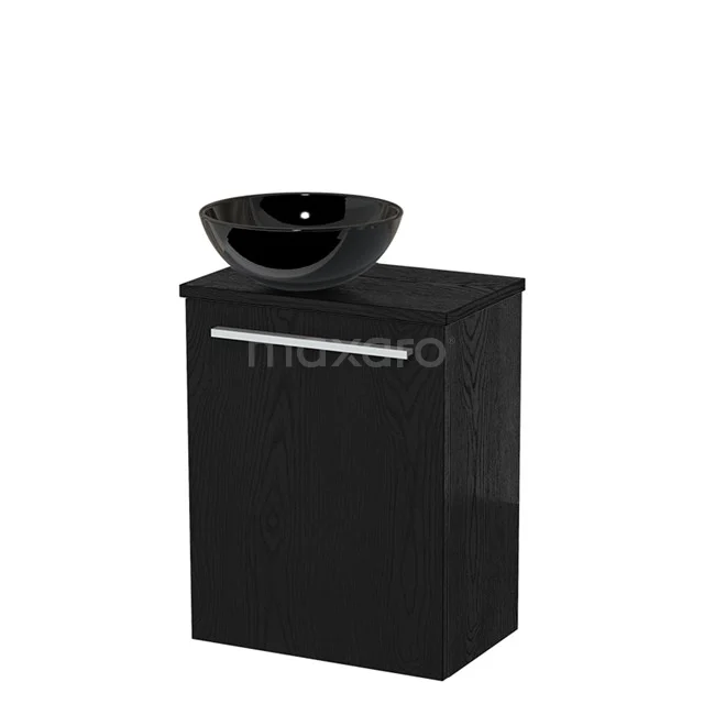 Zwart badkamermeubel met zwart wastafelkom, strak design en opbergruimte, perfect voor moderne badkamers.