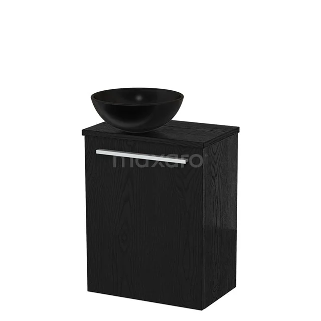 Zwarte badkamerkast met lade, voorzien van een moderne zwarte komvormige wastafel, ideaal voor een stijlvolle badkamer.
