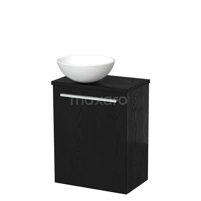 Zwart badkamerkastje met witte wastafelkom, compact ontwerp, ideaal voor moderne badkamers.