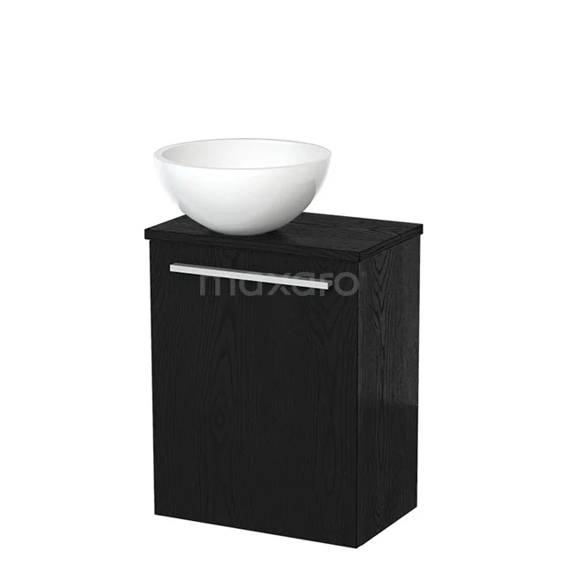 Zwarte badkamerkast met witte wastafel, modern design, uitgevoerd in hoogglans, ideaal voor compacte badkameropstellingen.
