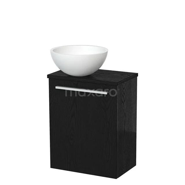 Zwart badkamermeubel met witte ronde wastafel, strakke handgreep en moderne uitstraling, perfect voor compacte badkamers.
