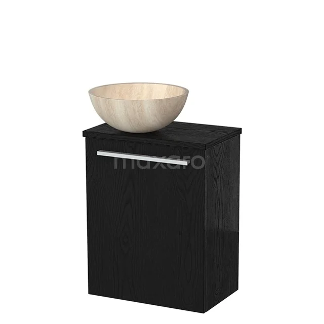 Zwart badkamerkastje met houten wastafelkom, modern design, ideaal voor compacte ruimtes.