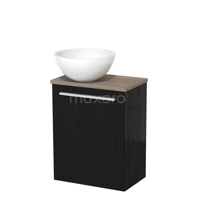 Zwart hangend badkamermeubel met houten top en wit opzetwastafel, modern design uit de Trendline-serie.