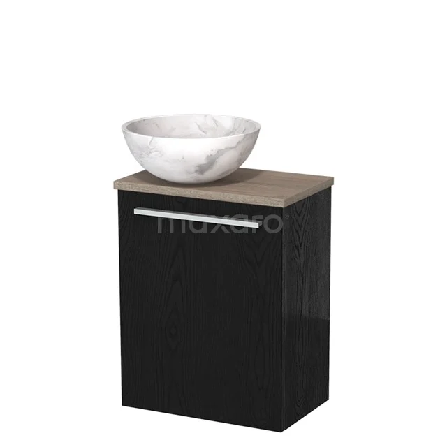 Zwarte badkamerkast met houtlook blad en ronde witte marmeren waskom, perfect voor moderne badkamerinrichting.