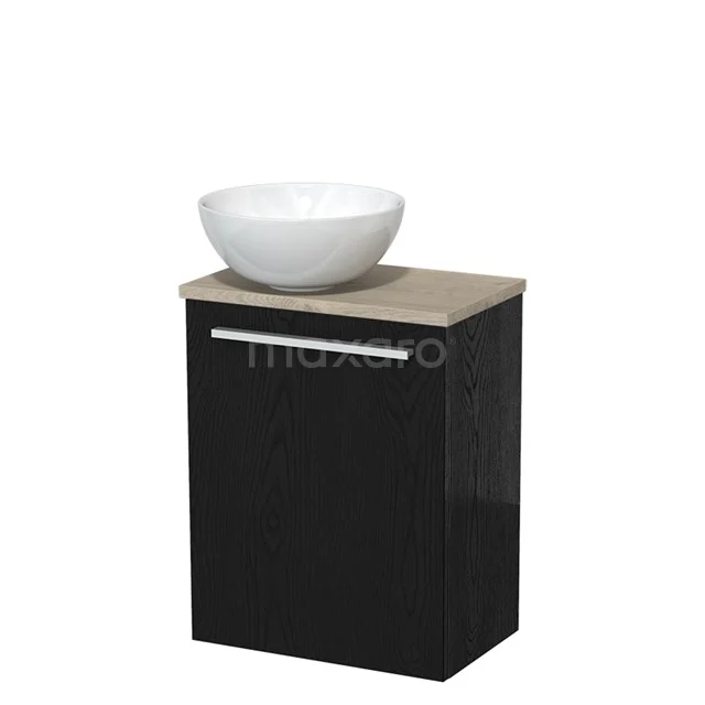 Zwart badkamermeubel met houtlook blad en witte waskom, compact design, ideaal voor moderne badkamerinrichting.