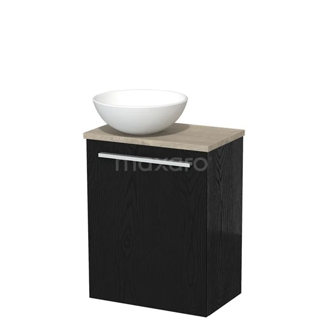 Zwarte badkamerkast met houten blad en ronde witte waskom, modern ontwerp, ideaal voor een stijlvolle badkamer inrichting.
