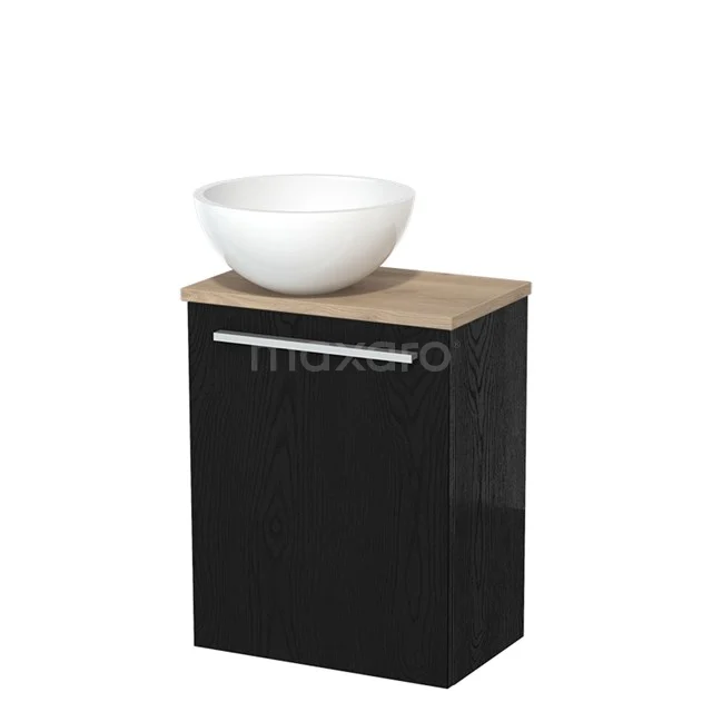 Zwart badkamermeubel met houten blad en ronde witte waskom, modern design.
