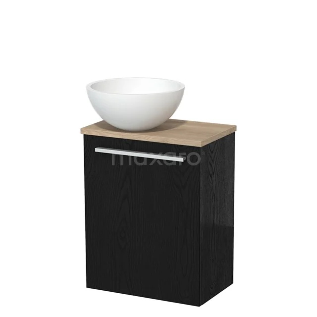 Zwart badkamermeubel met mat houten blad en witte ronde waskom, modern design voor een stijlvolle badkamer inrichting.