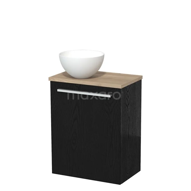 Zwart badkamermeubel met houten blad en ronde witte wastafel, modern design.