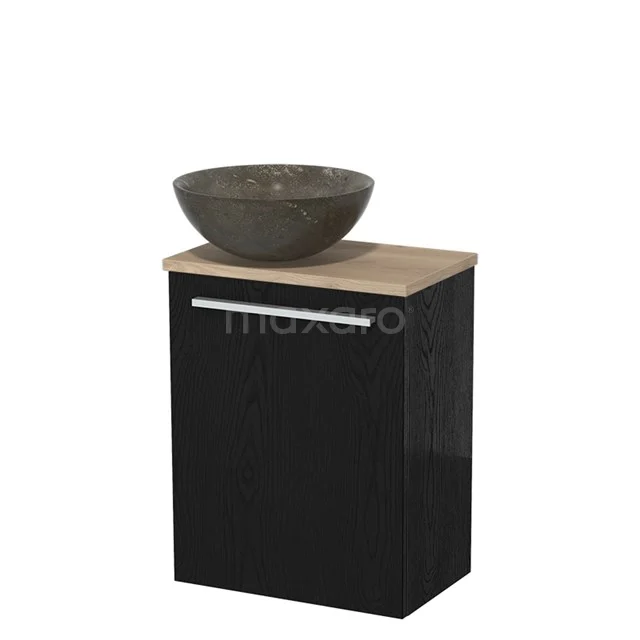 Zwart badkamermeubel met houtkleurig blad en ronde stenen waskom, ideaal voor moderne badkamerinrichting.