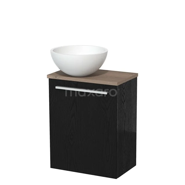 Zwart badkamermeubel met houtlook blad en witte opzetwaskom, modern design voor een stijlvolle badkamerinrichting.