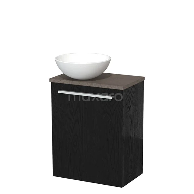Zwarte badkamerkast met houten blad en moderne witte wastafelkom, ideaal voor strakke en stijlvolle badkamerinrichtingen.