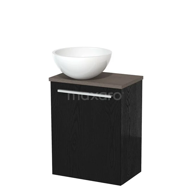 Zwarte badkamerkast met houten blad en witte komvormige wasbak, modern design voor stijlvolle badkamers.