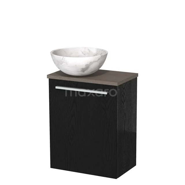 Zwart badkamermeubel met houten blad en witte marmeren kom, compact ontwerp ideaal voor moderne badkamers.