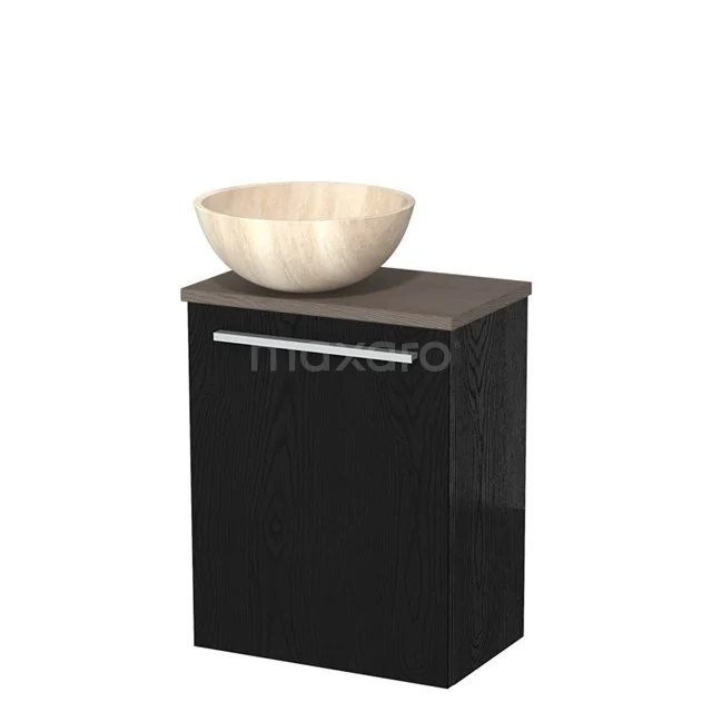 Zwart badkamermeubel met houten waskom, modern design en metalen handgreep, ideaal voor stijlvolle badkamerinrichting.