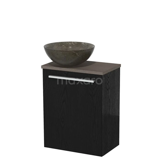 Zwart badkamermeubel met lade, houten blad en ronde stenen waskom, modern design ideaal voor een stijlvolle badkamer.