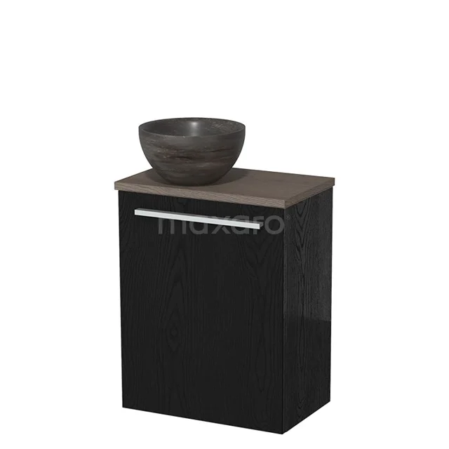 Zwart badkamermeubel met houtfineer blad en ronde natuurstenen waskom, ideaal voor een moderne badkamerstijl.