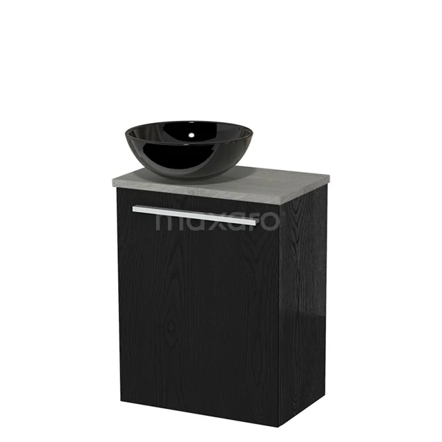 Zwart badkamermeubel met basalt stenen wastafel, modern ontwerp met chromen handgreep, ideaal voor kleine badkamers.