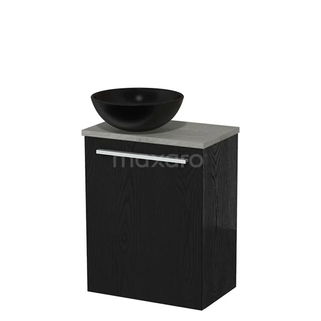 Zwart badkamermeubel met antraciet wastafelkom, modern design, strakke lijnen en een handgreep, ideaal voor compacte badkamers.