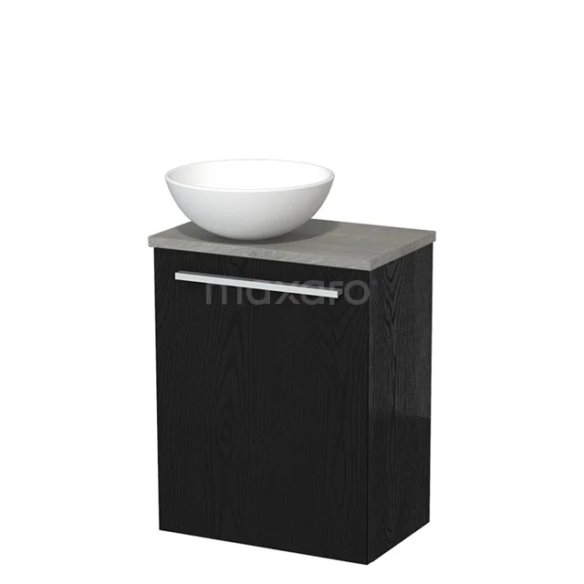 Schwarzer Badschrank mit mattem grauem Top, einschließlich weißem runden Aufsatzwaschbecken. Modernes Design, ideal für ein stilvolles Badezimmer.