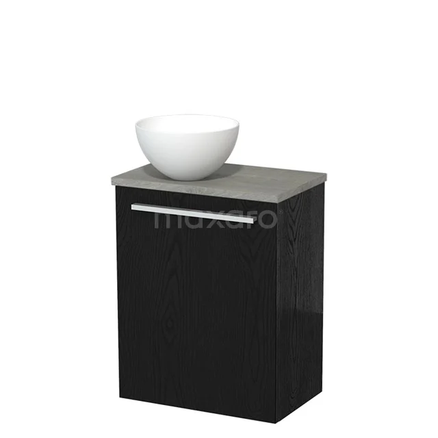 Zwart badkamermeubel met keramische waskom, grijs stenen blad en enkele deur; compact design perfect voor kleine badkamers.