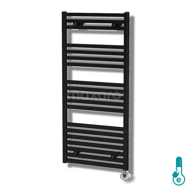 Black steel towel radiator in modern design, ideal for stylish and functional bathroom heating.