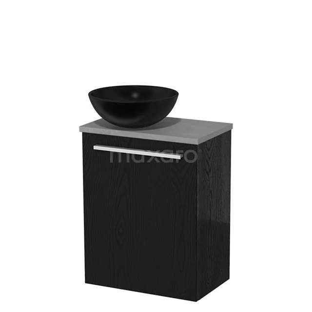 Zwarte badmeubelset met natuurstenen wastafel, modern design, ideaal voor stijlvolle en compacte badkamerinrichting.