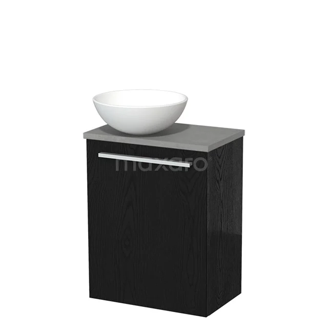 Zwart badkamermeubel met grijs blad en witte waskom, modern design, ideaal voor compacte badkamers.